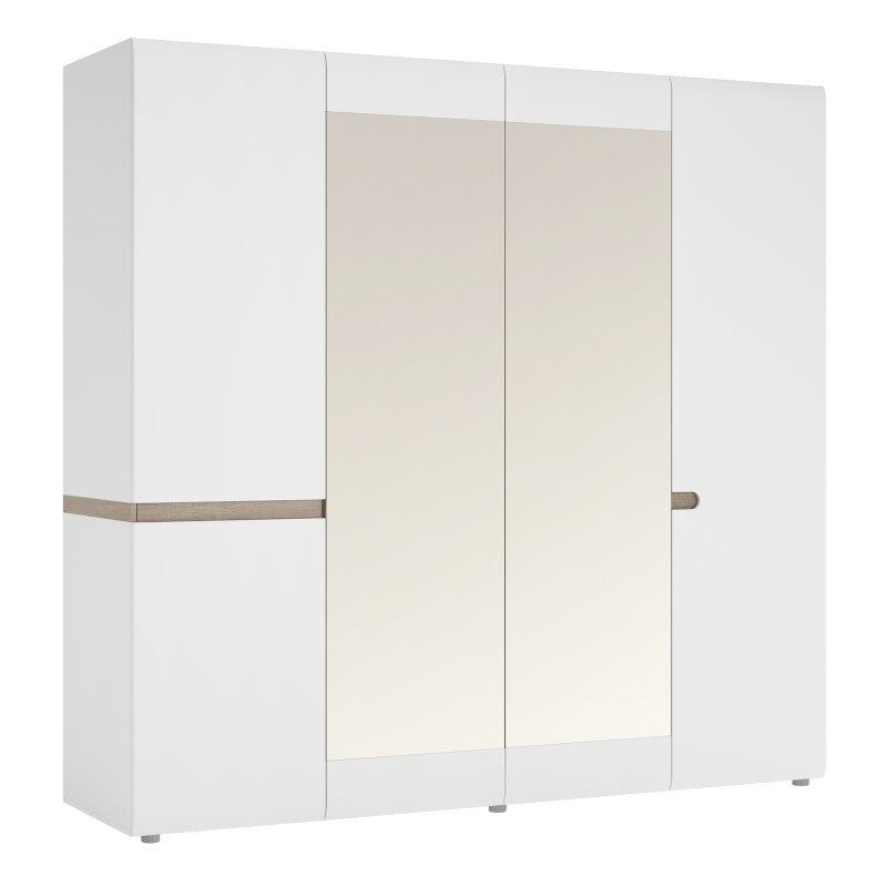 Chelsea White and Oak 4 Door Mirrored Wardrobe, featuring 2 full length mirrors, internal shelving and hanging rails