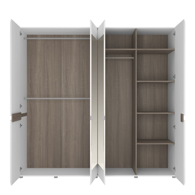 Chelsea White and Oak 4 Door Mirrored Wardrobe, featuring 2 full length mirrors, internal shelving and hanging rails