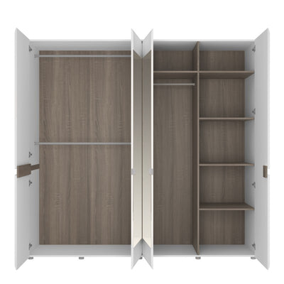 Chelsea White and Oak 4 Door Mirrored Wardrobe, featuring 2 full length mirrors, internal shelving and hanging rails