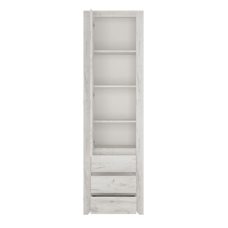 Angel Tall Narrow 3 Drawer Bookcase in White Craft Oak