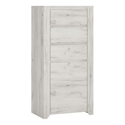 Angel Tall Narrow One Door 3 Drawer Narrow Cupboard in White Craft Oak