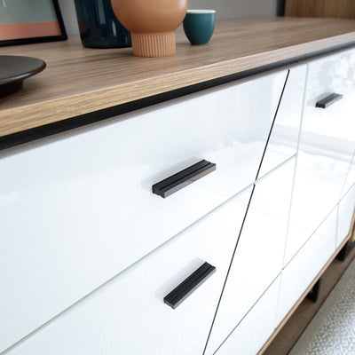 Brolo 3 Door 1 Drawer Wide Sideboard With Walnut and Dark Panel Finish