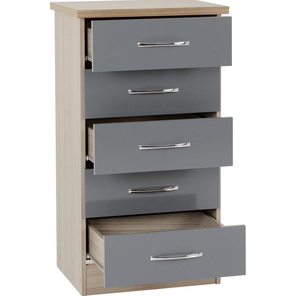 Nevada Grey Gloss 5 Drawer Narrow Chest