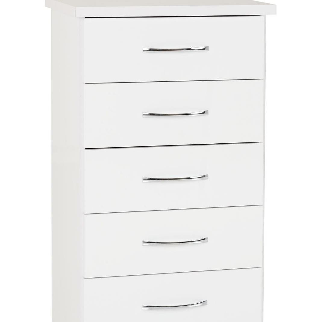 Nevada White Gloss 5 Drawer Narrow Chest