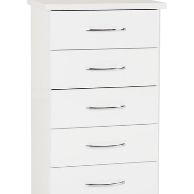 Nevada White Gloss 5 Drawer Narrow Chest