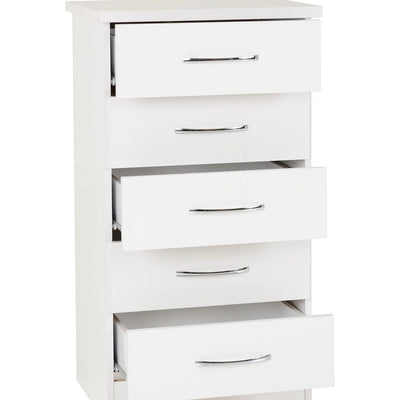 Nevada White Gloss 5 Drawer Narrow Chest