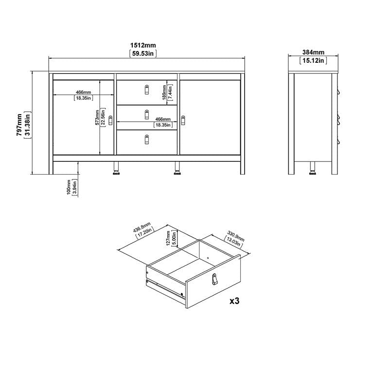 Madrid White 2 Door 3 Drawer Sideboard