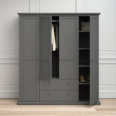 Paris Grey 4 Door 2 Drawer Grey Wardrobe