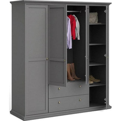 Paris Grey 4 Door 2 Drawer Grey Wardrobe