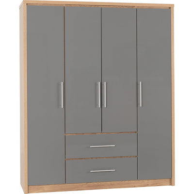 Seville Grey Gloss and Oak 4 Door Wardrobe