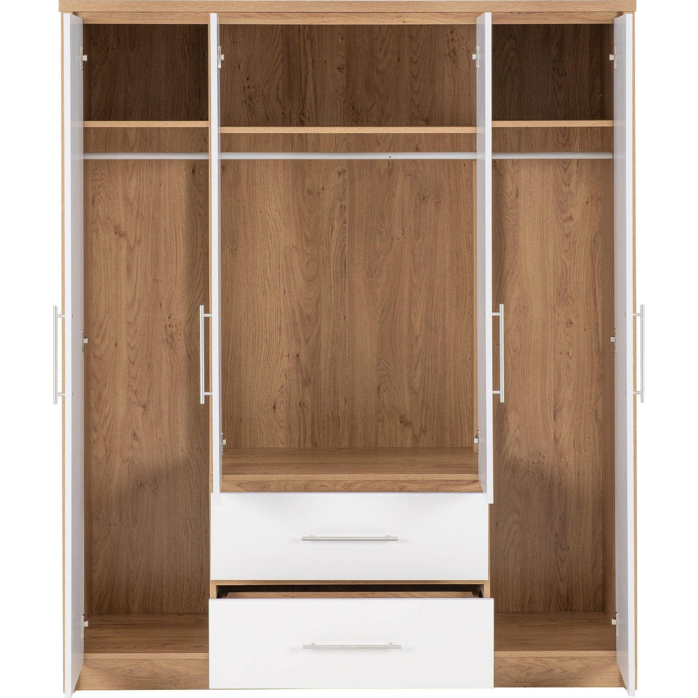 Seville White Gloss and Oak 4 Door Wardrobe